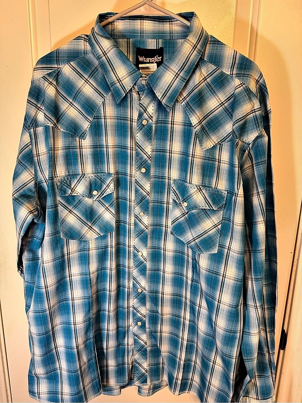 Wrangler MVG267M Plaid Snap-Front Shirt in Blue & White XXL Like New